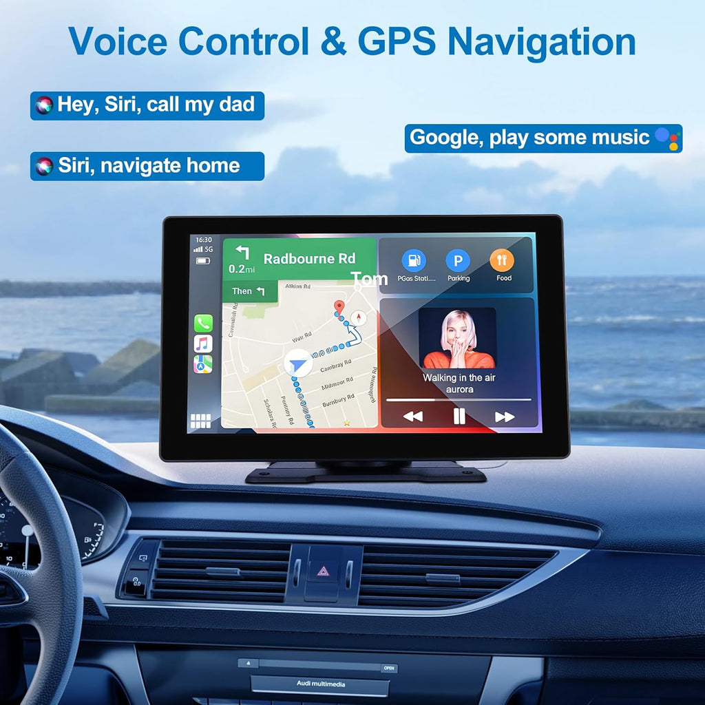 9 Inch Wireless Carplay Screen: Portable Car Stereo Compatible with Apple Carplay & Android Auto, Car Play Touch Screen with 4K Dash Cam/1080P Backup Camera/Gps Navigation/Bluetooth/Mirror Link