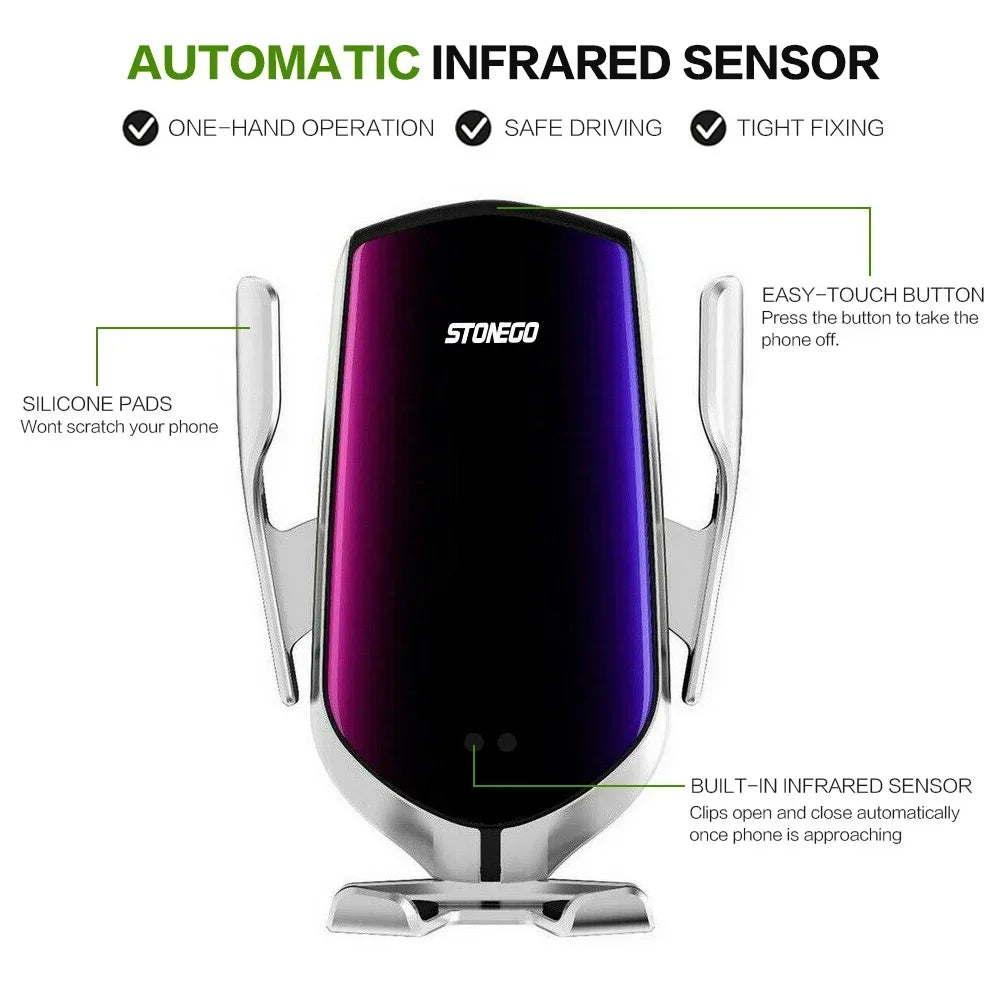 10W Qi Fast Wireless Car Phone Charger LED Indicator Smart Sensor Air Vent Mount Universal Smartphone Holder