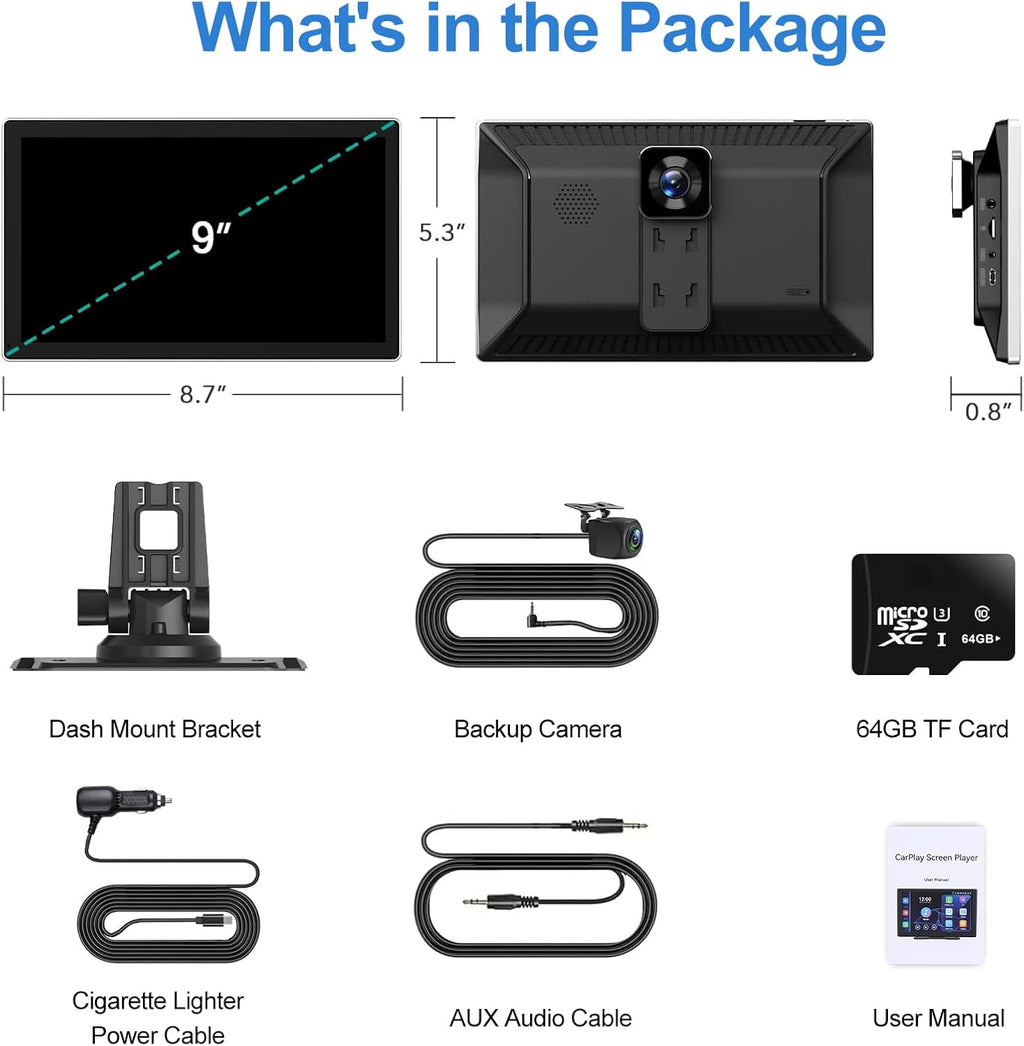 9 Inch Wireless Carplay Screen: Portable Car Stereo Compatible with Apple Carplay & Android Auto, Car Play Touch Screen with 4K Dash Cam/1080P Backup Camera/Gps Navigation/Bluetooth/Mirror Link