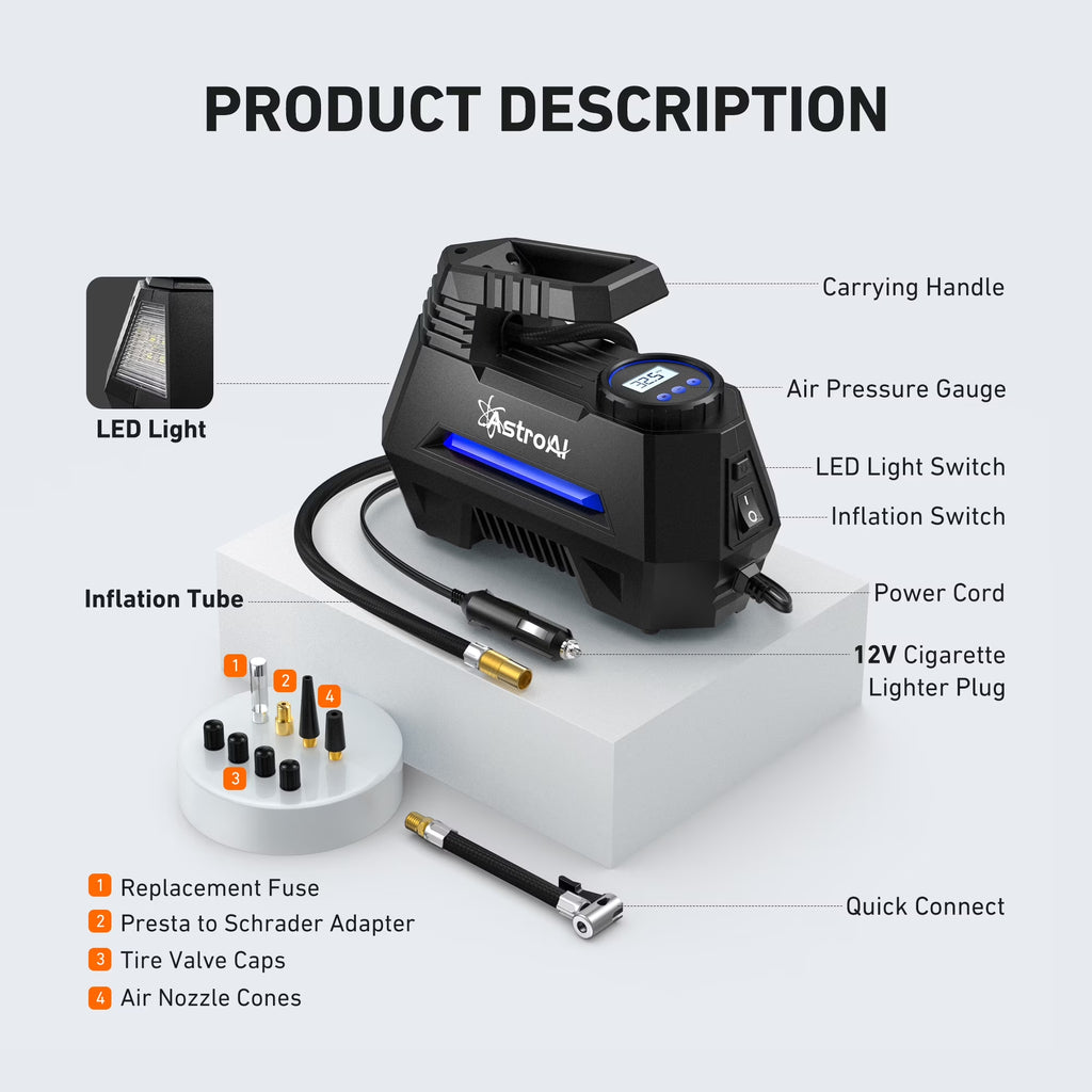 Car Tire Inflator 100 PSI, Electric Tire Compressor, Inflatables Air Car Pump