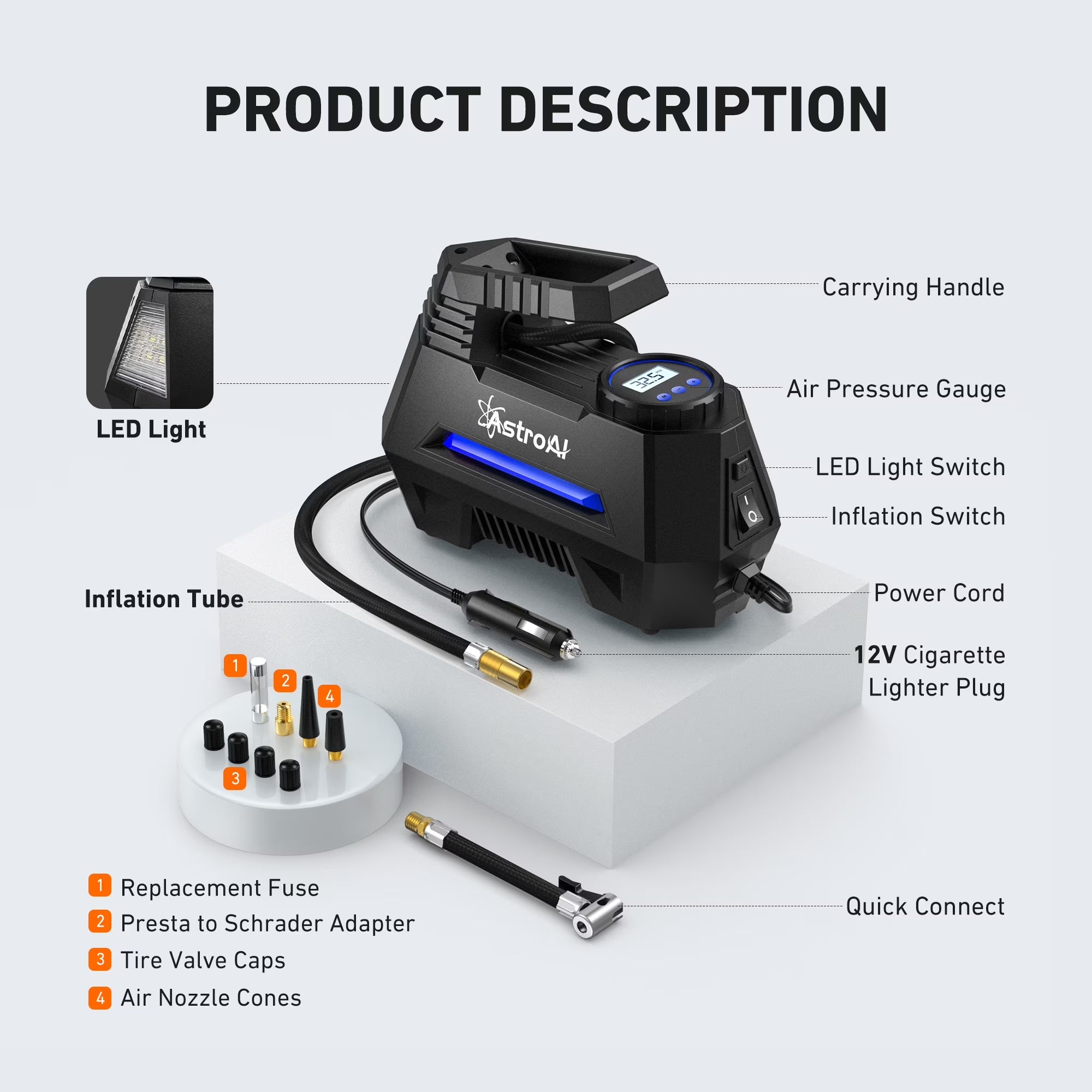 Car Tire Inflator 100 PSI, Electric Tire Compressor, Inflatables Air Car Pump